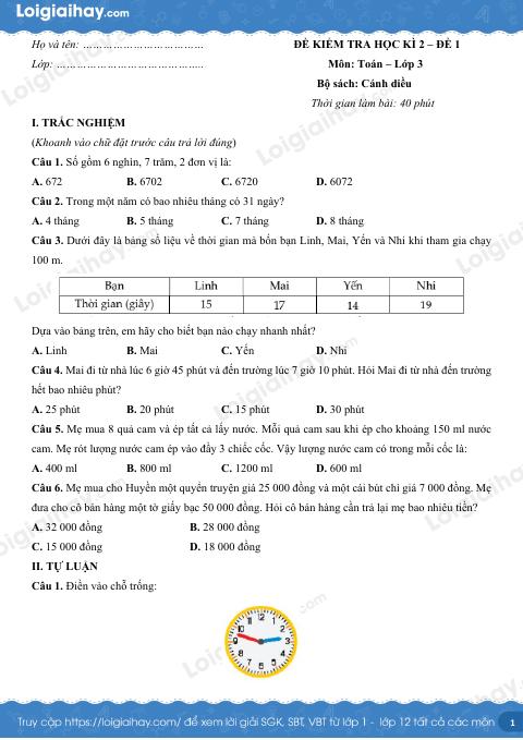 Đề kiểm tra học kì 2 Toán 3 Cánh diều - Đề số 1